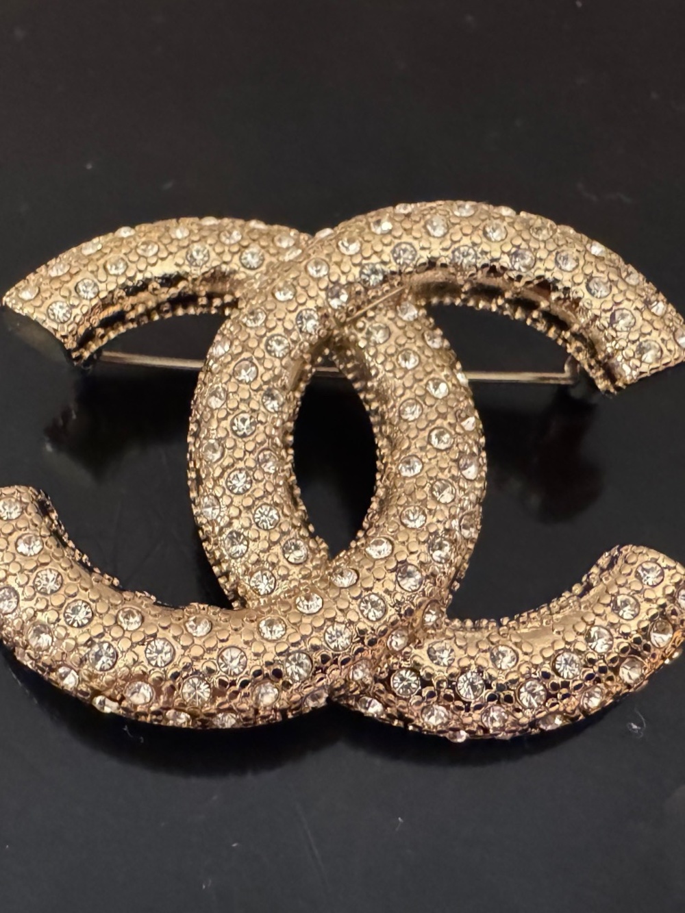 Super Rare Classic Chanel CC Logo Large Crystal Embellished Gold Brooch